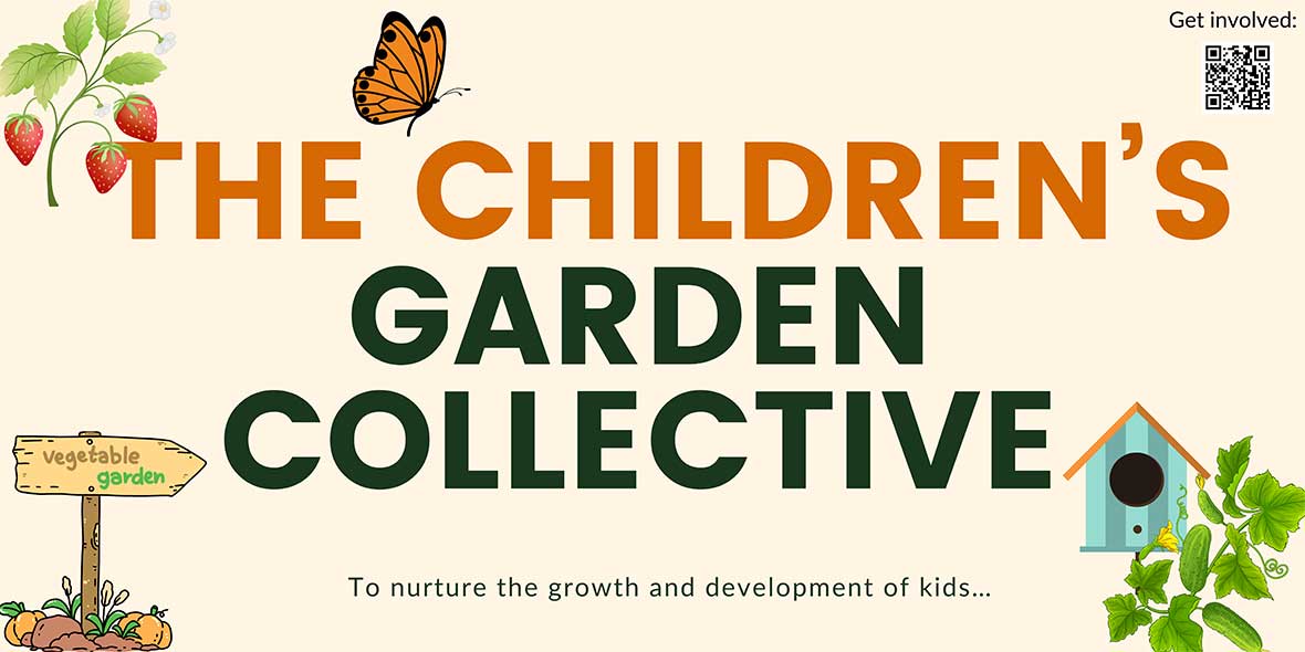 Children's Garden Collective graphic with plants and a birdhouse.